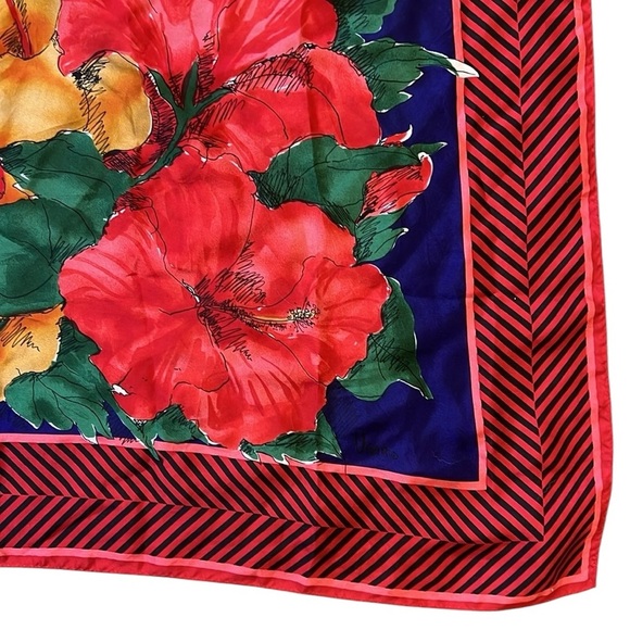 Vera 100% Silk Floral Scarf 30x30 Red/Navy/Yellow Hibiscus Tropical Print Bright - Picture 4 of 13